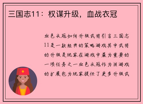 三国志11：权谋升级，血战衣冠